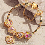 Sterling Silver Amour and Blossom Birthstone Charms Bracelet Set With Enamel In 14K Gold Plated
