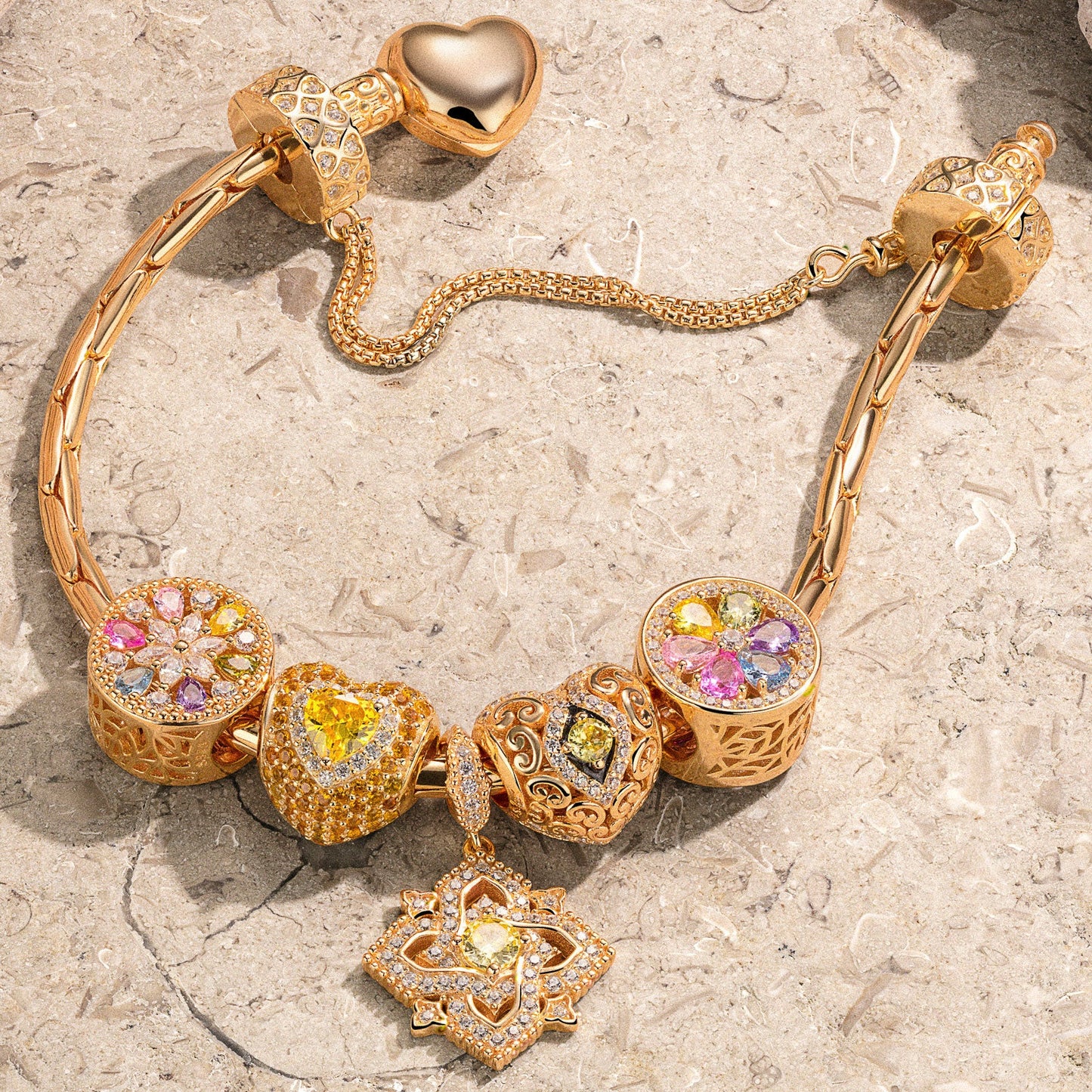 Sterling Silver Amour and Blossom Birthstone Charms Bracelet Set With Enamel In 14K Gold Plated
