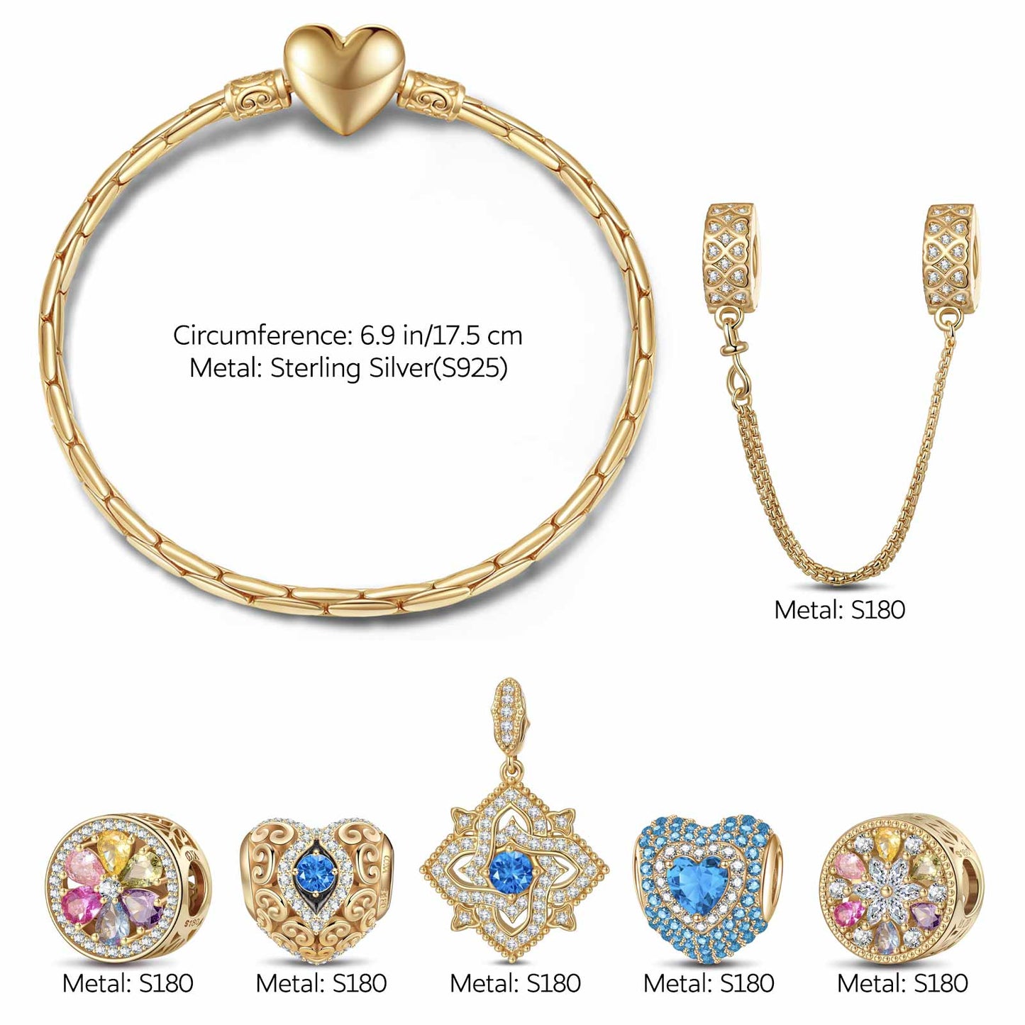 Sterling Silver Amour and Blossom Birthstone Charms Bracelet Set With Enamel In 14K Gold Plated