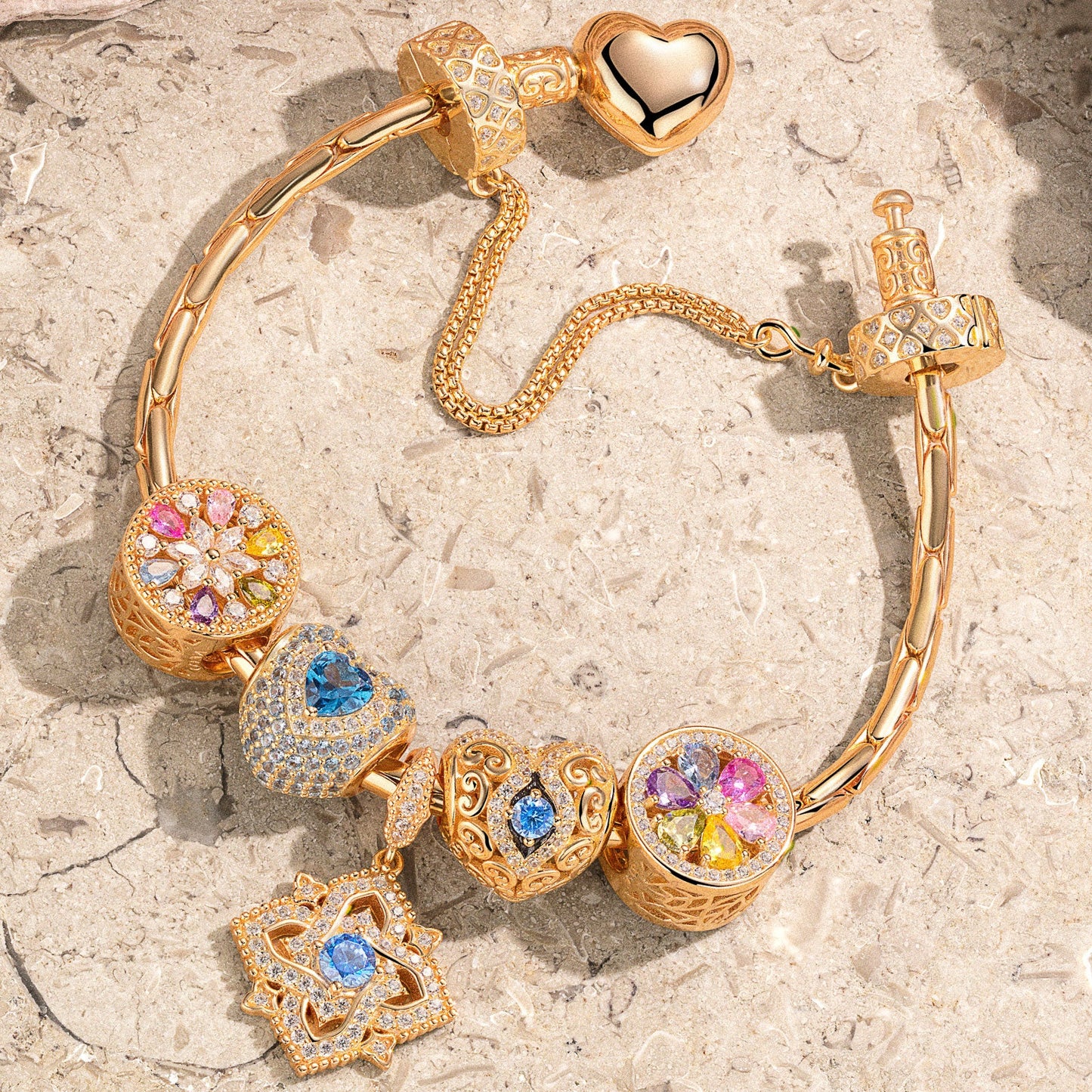 Sterling Silver Amour and Blossom Birthstone Charms Bracelet Set With Enamel In 14K Gold Plated