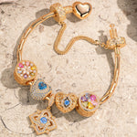 Sterling Silver Amour and Blossom Birthstone Charms Bracelet Set With Enamel In 14K Gold Plated