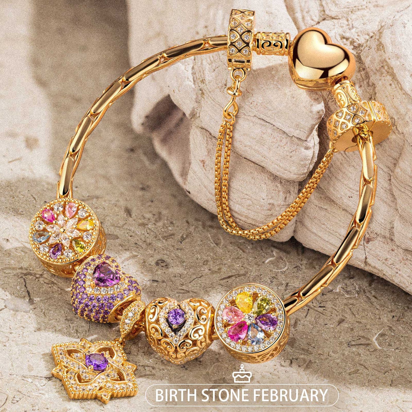 Sterling Silver Amour and Blossom Birthstone Charms Bracelet Set With Enamel In 14K Gold Plated