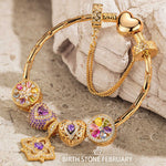 Sterling Silver Amour and Blossom Birthstone Charms Bracelet Set With Enamel In 14K Gold Plated