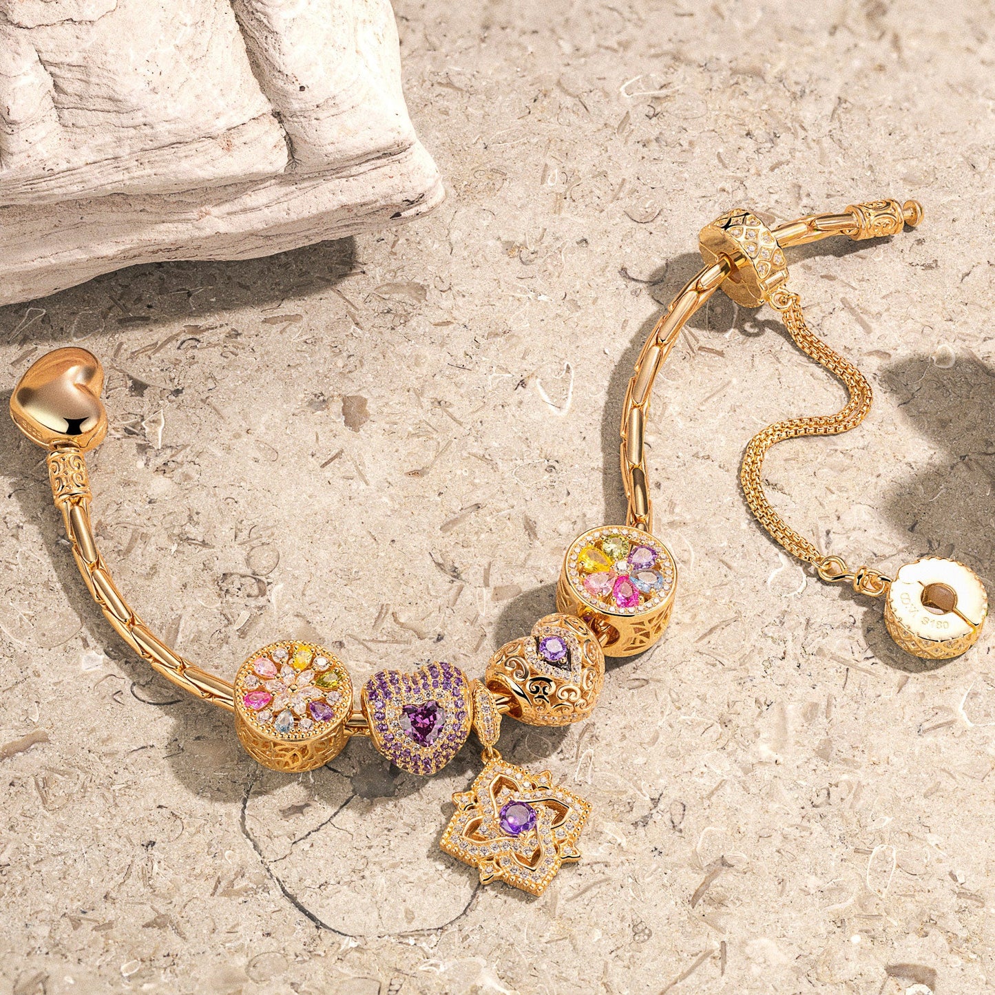 Sterling Silver Amour and Blossom Birthstone Charms Bracelet Set With Enamel In 14K Gold Plated