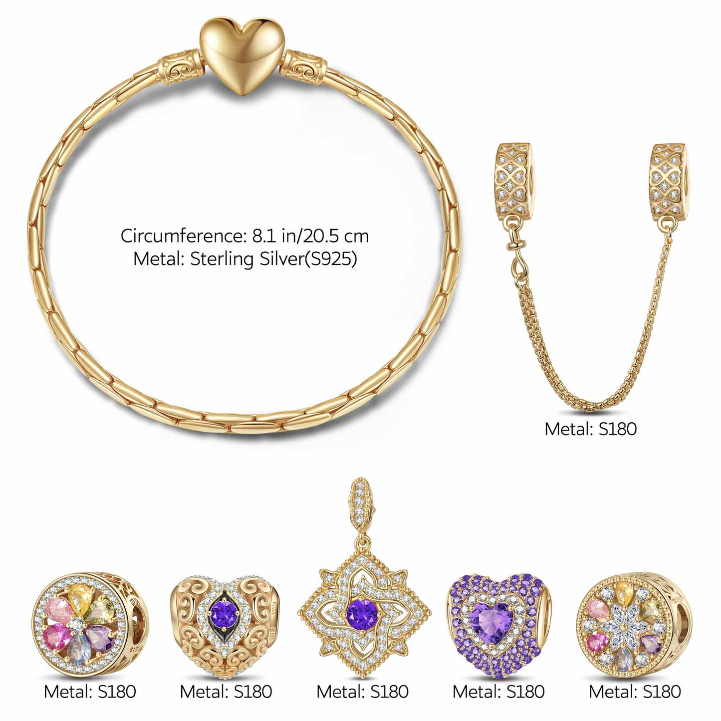 Sterling Silver Amour and Blossom Birthstone Charms Bracelet Set With Enamel In 14K Gold Plated