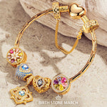 Sterling Silver Amour and Blossom Birthstone Charms Bracelet Set With Enamel In 14K Gold Plated