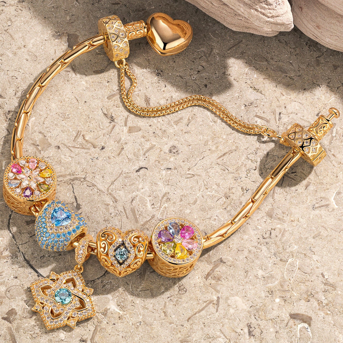 Sterling Silver Amour and Blossom Birthstone Charms Bracelet Set With Enamel In 14K Gold Plated