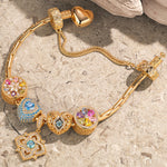 Sterling Silver Amour and Blossom Birthstone Charms Bracelet Set With Enamel In 14K Gold Plated