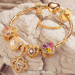 Sterling Silver Amour and Blossom Birthstone Charms Bracelet Set With Enamel In 14K Gold Plated