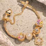 Sterling Silver Amour and Blossom Birthstone Charms Bracelet Set With Enamel In 14K Gold Plated