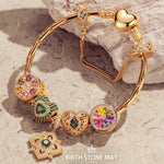 Sterling Silver Amour and Blossom Birthstone Charms Bracelet Set With Enamel In 14K Gold Plated
