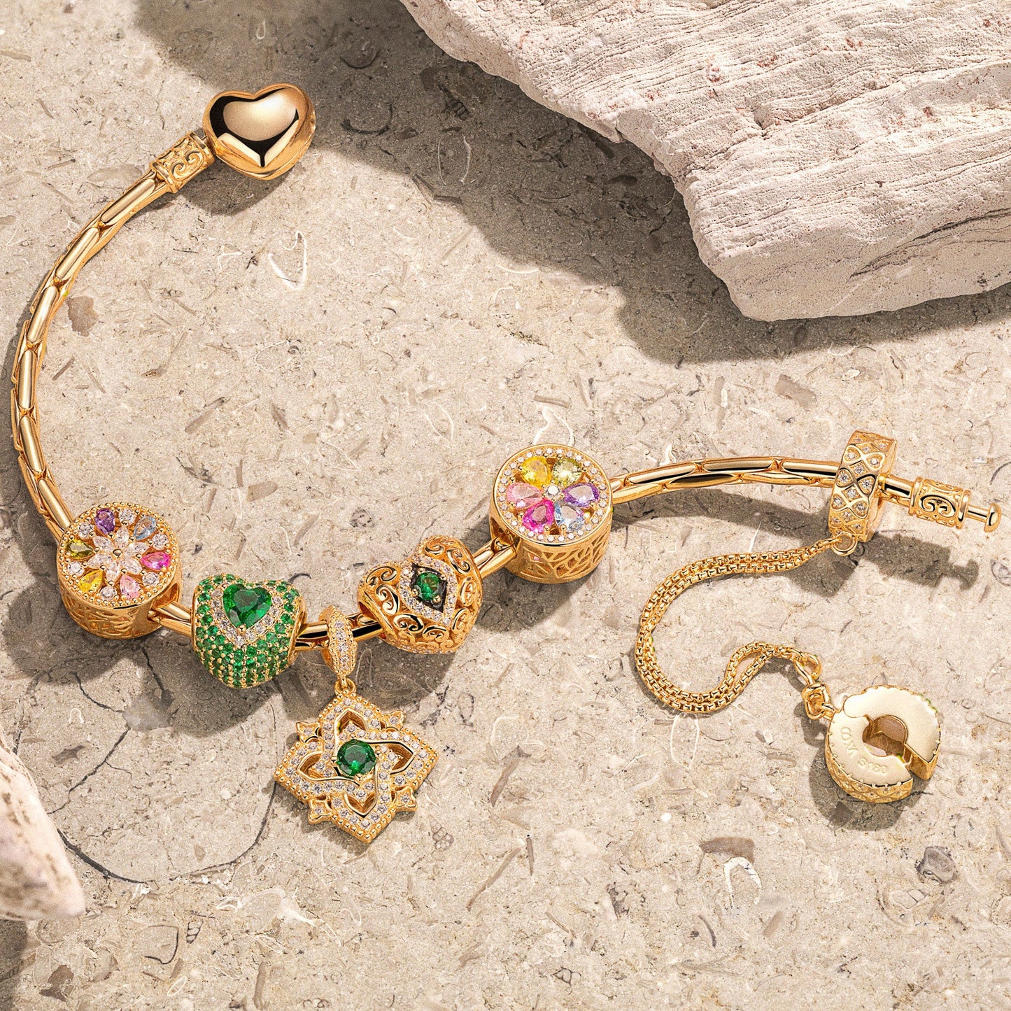 Sterling Silver Amour and Blossom Birthstone Charms Bracelet Set With Enamel In 14K Gold Plated