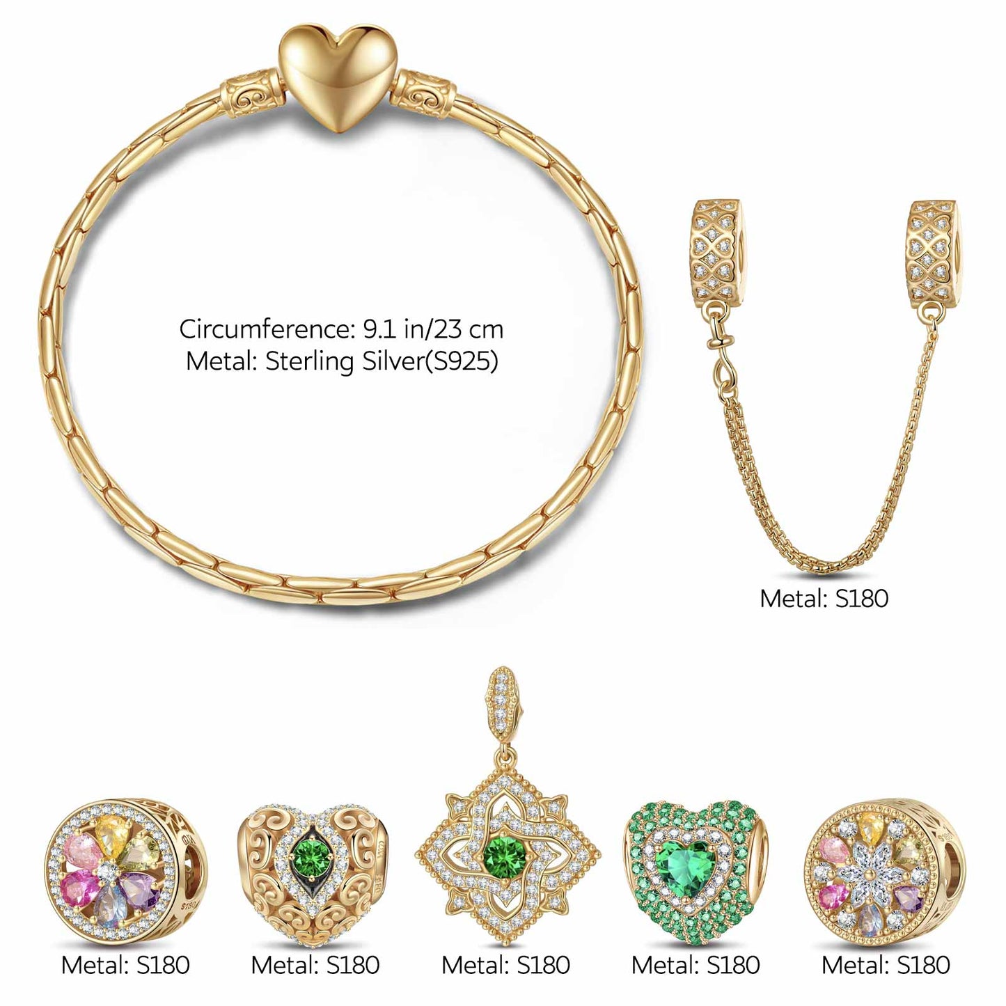 Sterling Silver Amour and Blossom Birthstone Charms Bracelet Set With Enamel In 14K Gold Plated