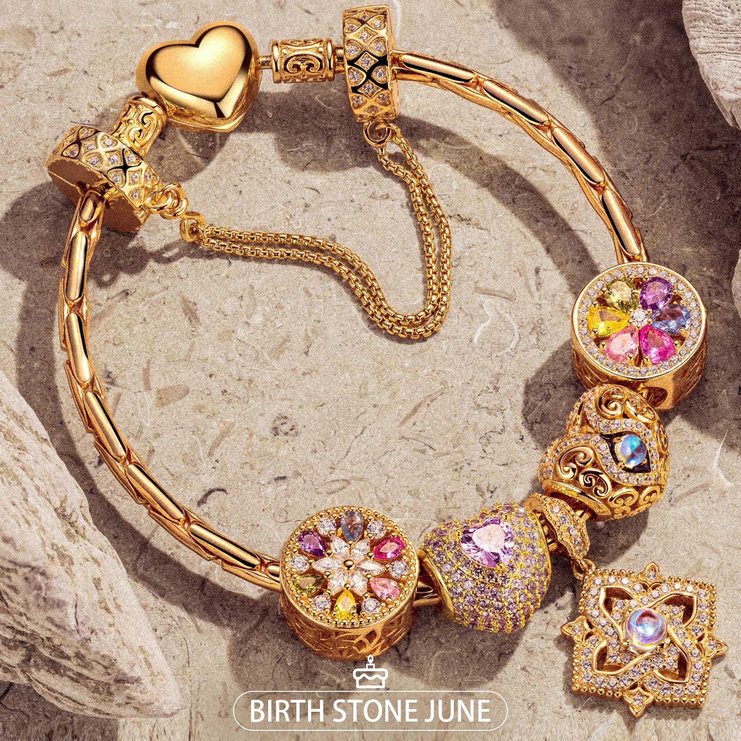 Sterling Silver Amour and Blossom Birthstone Charms Bracelet Set With Enamel In 14K Gold Plated
