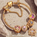 Sterling Silver Amour and Blossom Birthstone Charms Bracelet Set With Enamel In 14K Gold Plated
