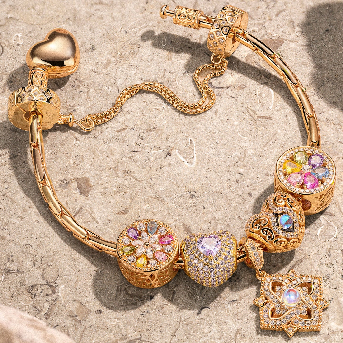 Sterling Silver Amour and Blossom Birthstone Charms Bracelet Set With Enamel In 14K Gold Plated