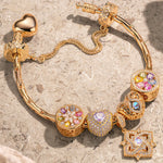 Sterling Silver Amour and Blossom Birthstone Charms Bracelet Set With Enamel In 14K Gold Plated