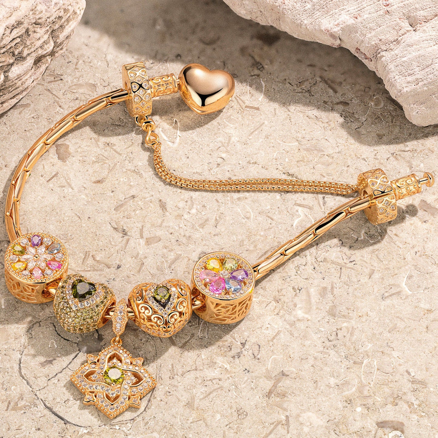 Sterling Silver Amour and Blossom Birthstone Charms Bracelet Set With Enamel In 14K Gold Plated