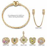 Sterling Silver Amour and Blossom Birthstone Charms Bracelet Set With Enamel In 14K Gold Plated