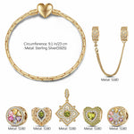 Sterling Silver Amour and Blossom Birthstone Charms Bracelet Set With Enamel In 14K Gold Plated