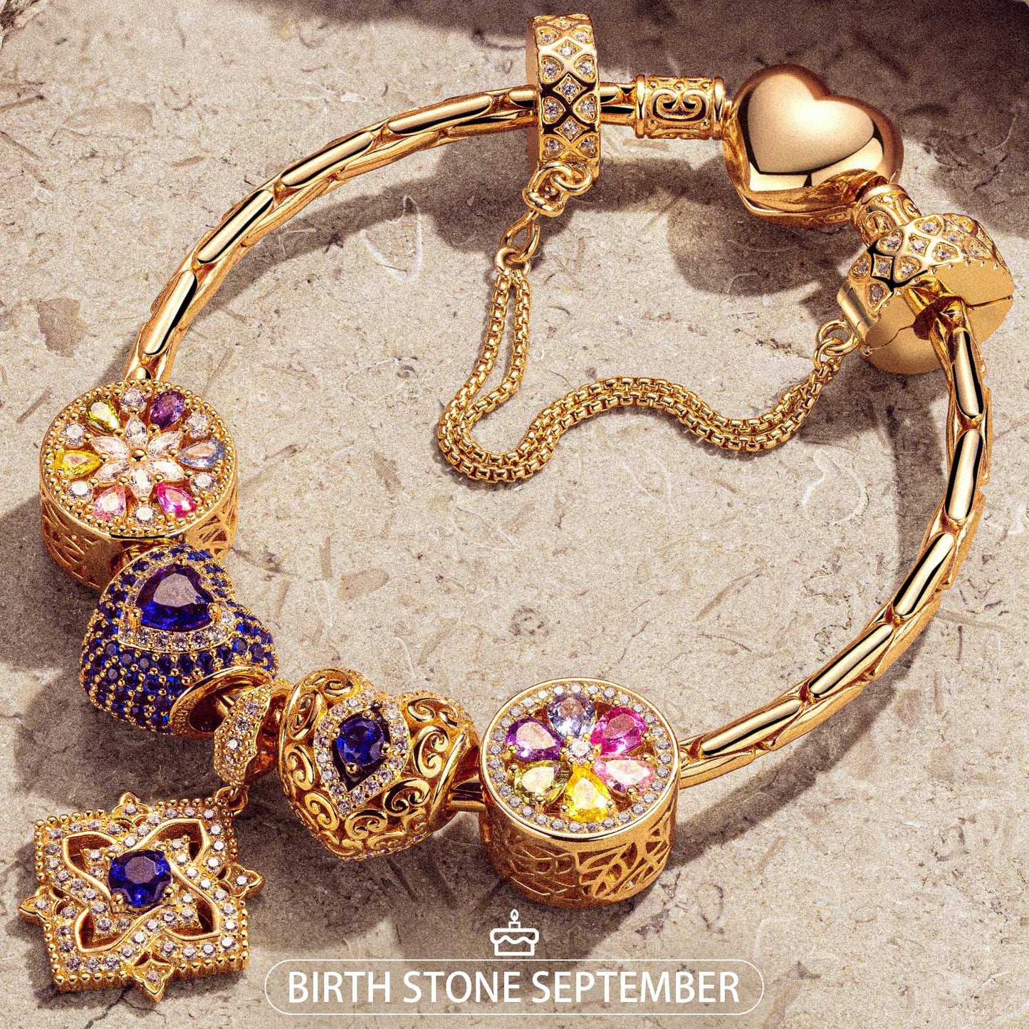 Sterling Silver Amour and Blossom Birthstone Charms Bracelet Set With Enamel In 14K Gold Plated
