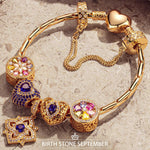 Sterling Silver Amour and Blossom Birthstone Charms Bracelet Set With Enamel In 14K Gold Plated