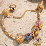 Sterling Silver Amour and Blossom Birthstone Charms Bracelet Set With Enamel In 14K Gold Plated
