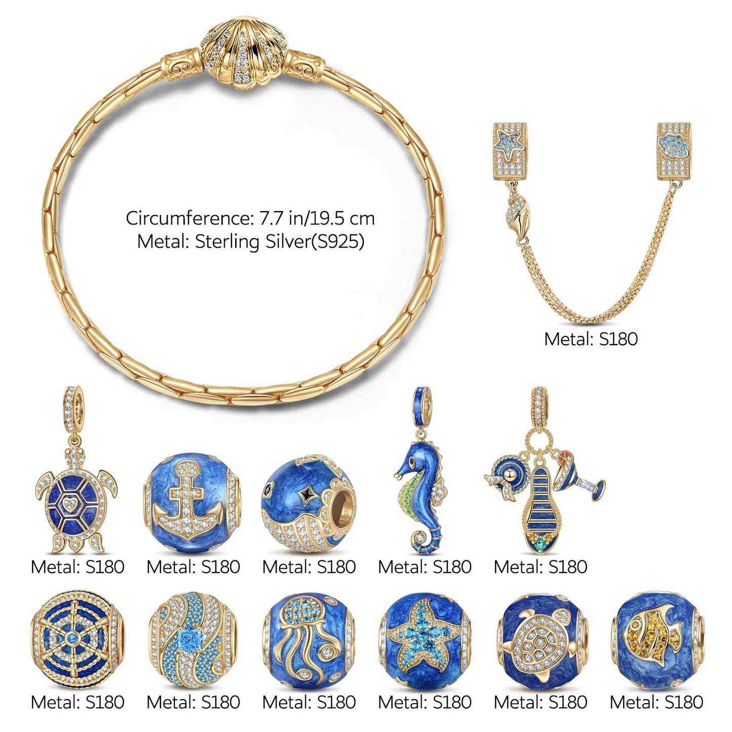 Sterling Silver Ocean Getaway Charms Bracelet Set With Enamel In 14K Gold Plated
