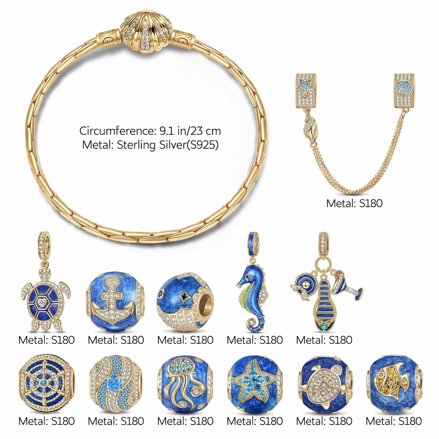 Sterling Silver Ocean Getaway Charms Bracelet Set With Enamel In 14K Gold Plated