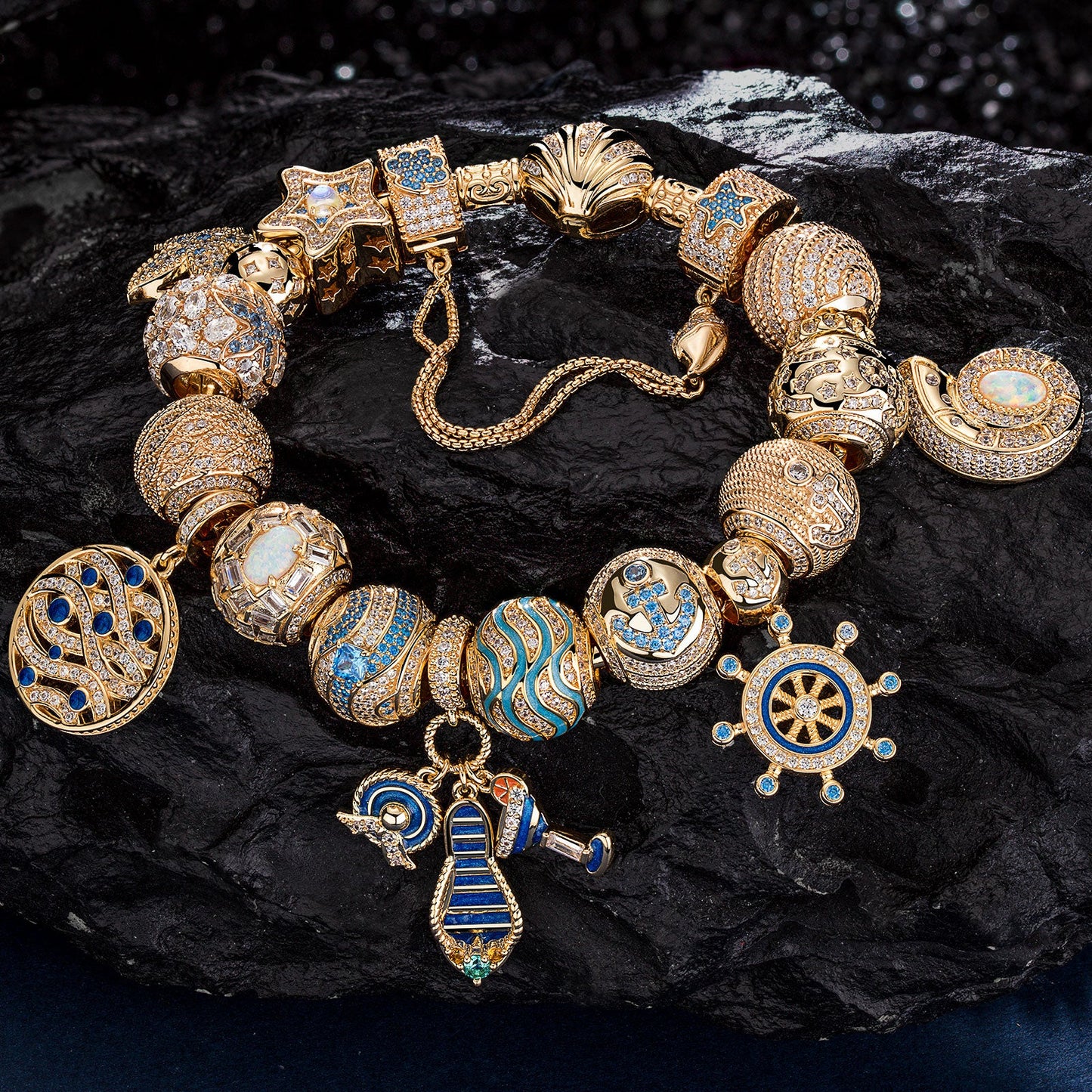 Sterling Silver Maritime Adventure Charms Bracelet Set With Enamel In 14K Gold Plated