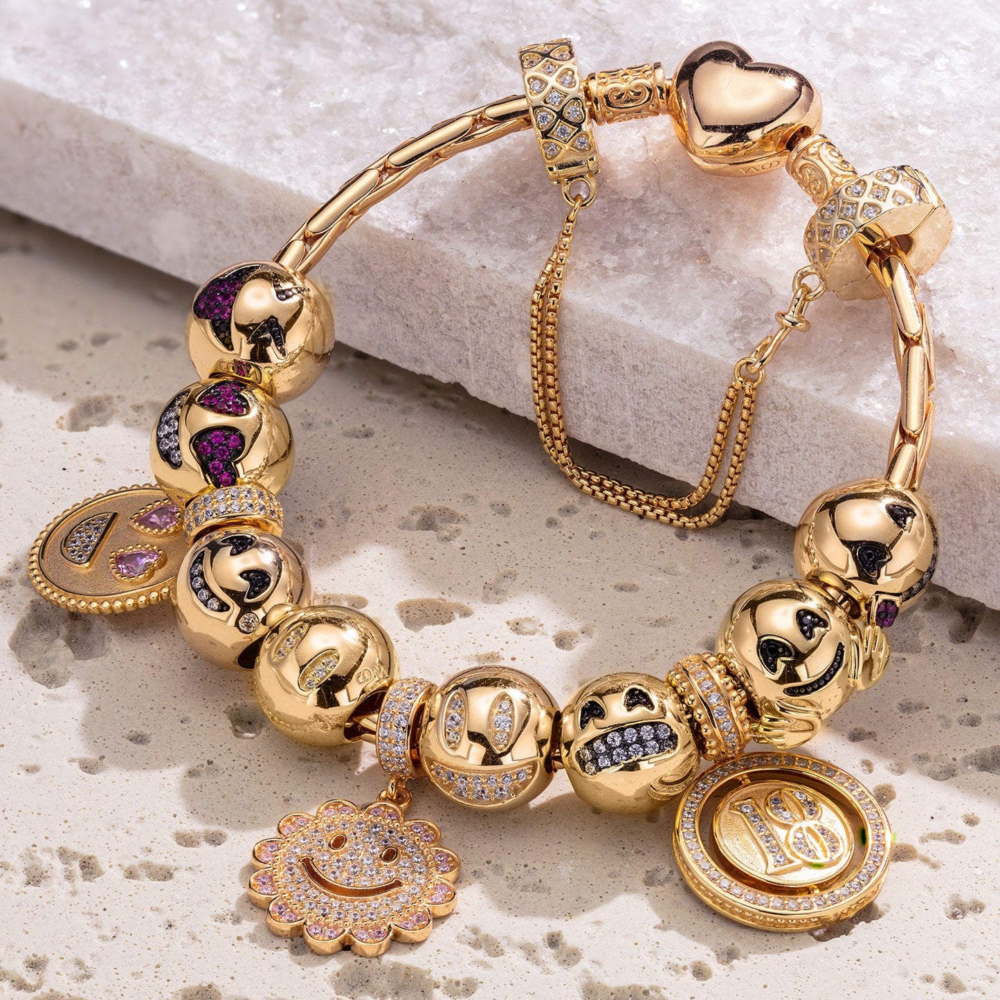 Sterling Silver Bright Smiles Charms Bracelet Set In 14K Gold Plated