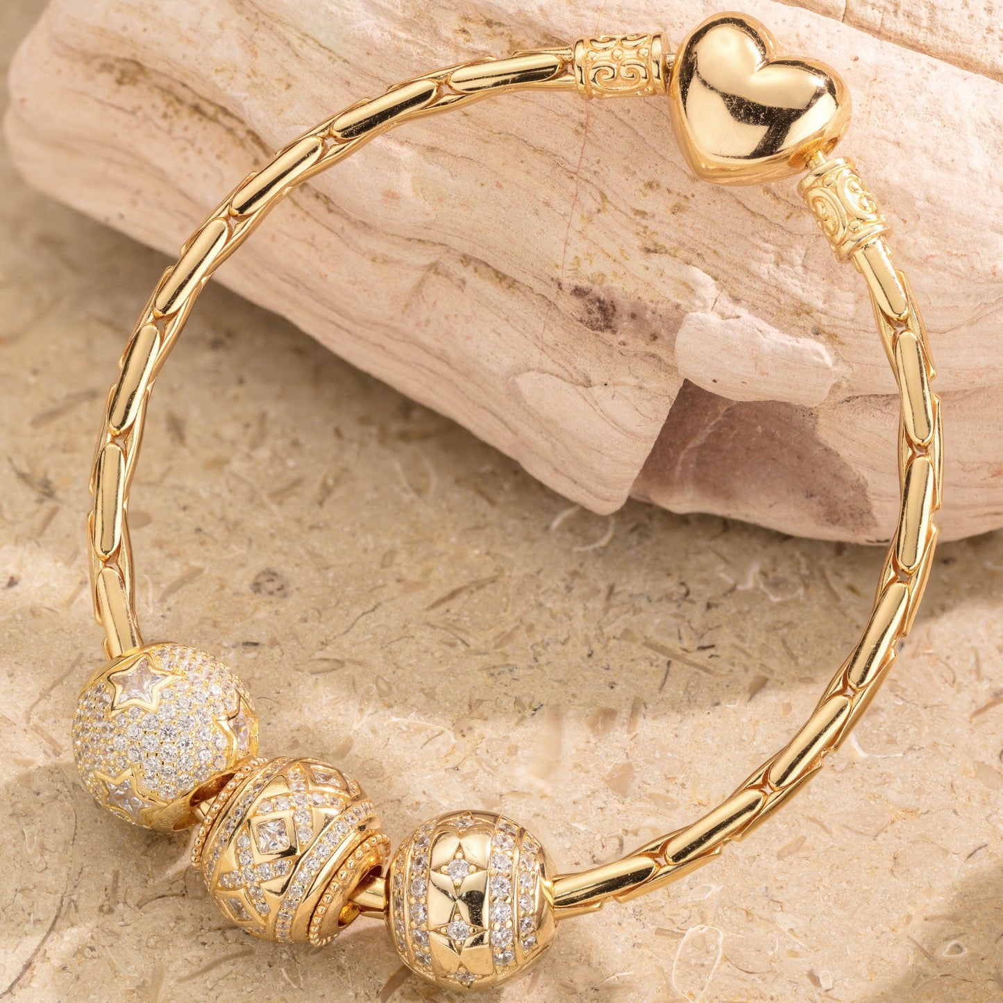 Sterling Silver Twinkling Star Charms Bracelet Set In 14K Gold Plated
