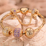 Sterling Silver Purple Luck Charms Bracelet Set With Enamel In 14K Gold Plated