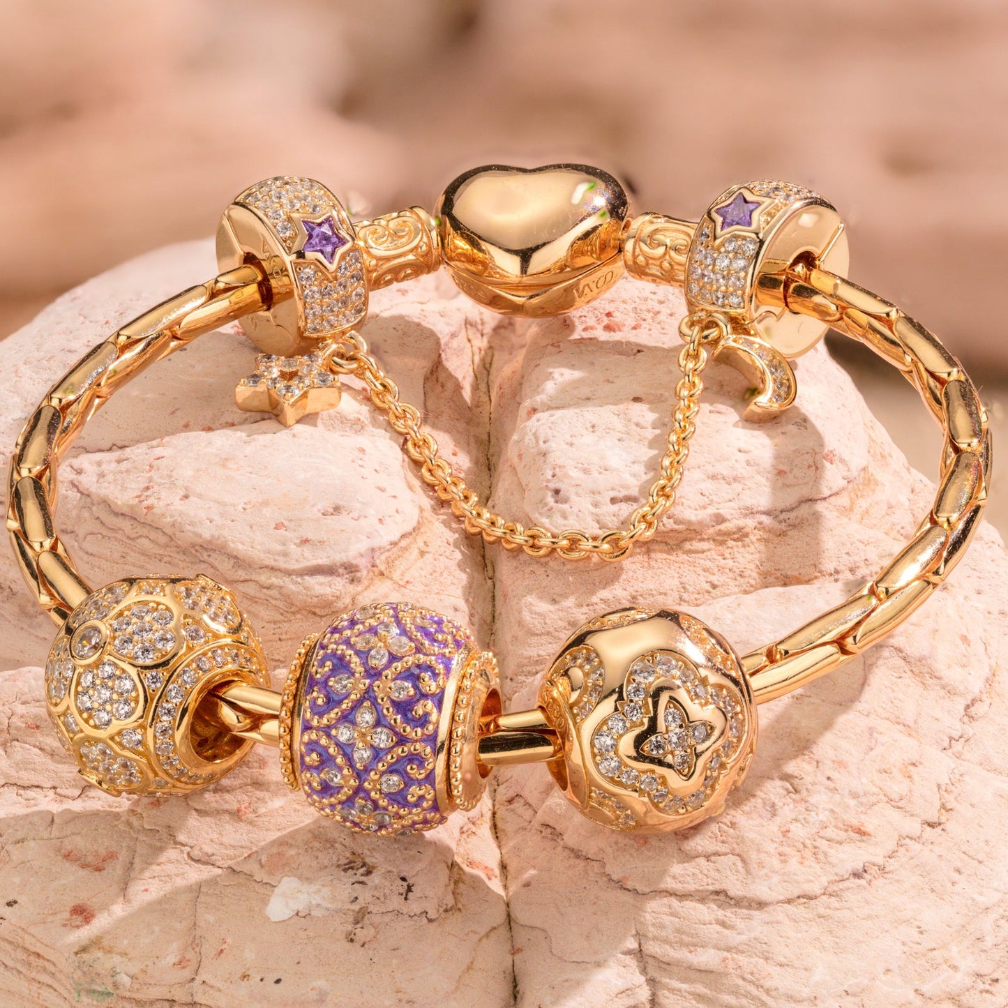 Sterling Silver Purple Luck Charms Bracelet Set With Enamel In 14K Gold Plated