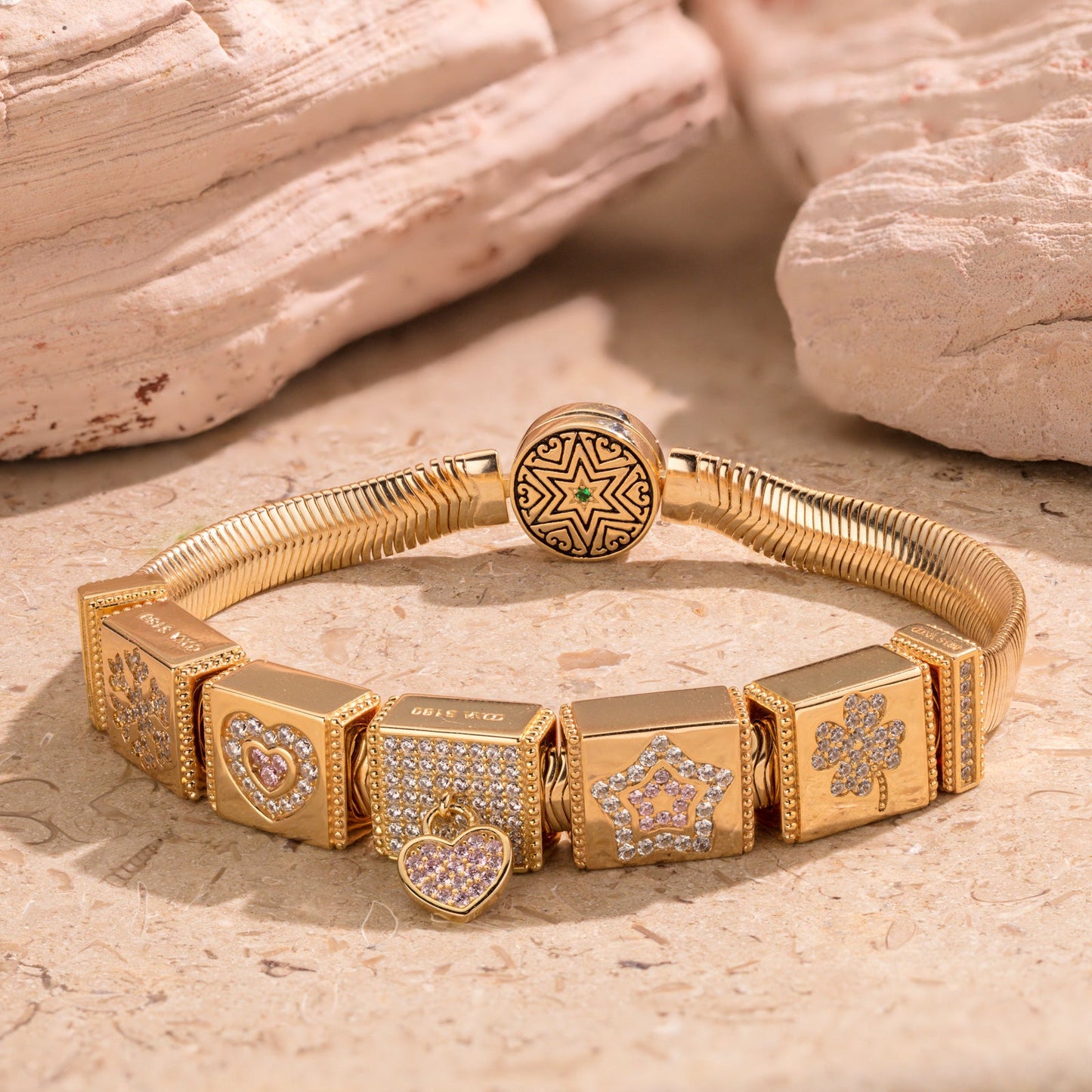 Sterling Silver Unlimited Love Rectangular Charms Bracelet Set With Enamel In 14K Gold Plated