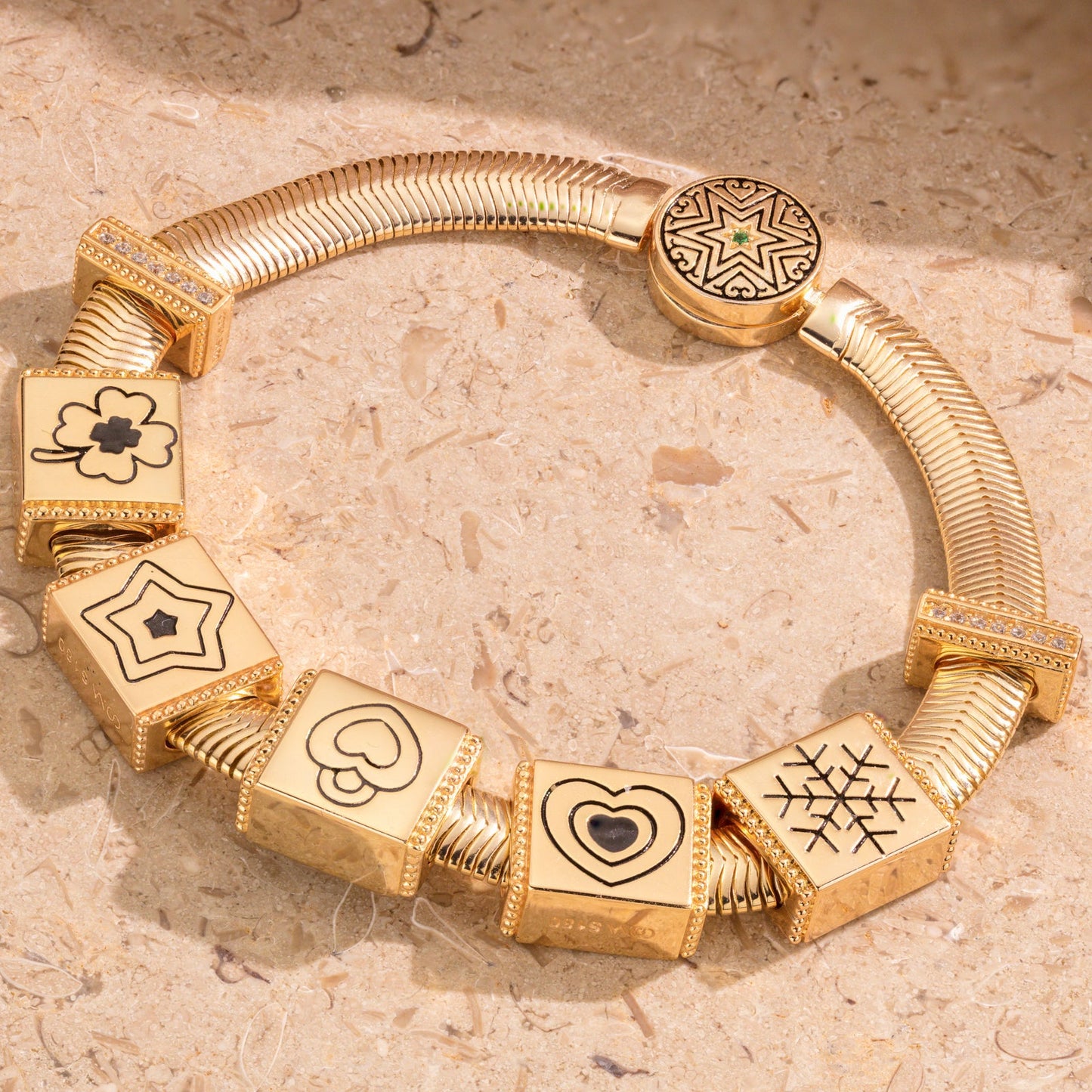 Sterling Silver Unlimited Love Rectangular Charms Bracelet Set With Enamel In 14K Gold Plated