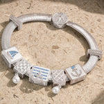 Sterling Silver Oceanic Exploration Rectangular Charms Bracelet Set In White Gold Plated
