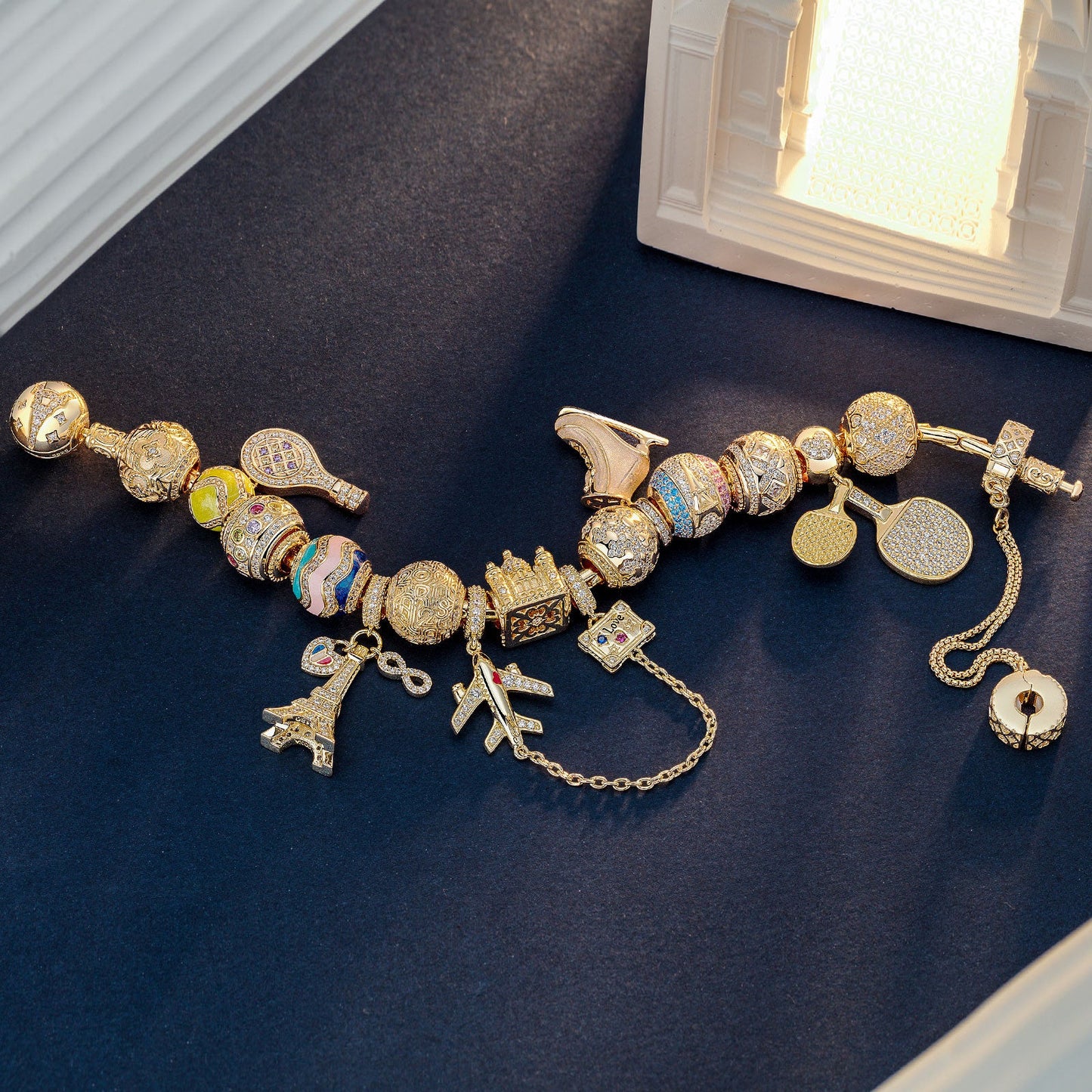 Sterling Silver Sporting Paris Charms Bracelet Set With Enamel In 14K Gold Plated