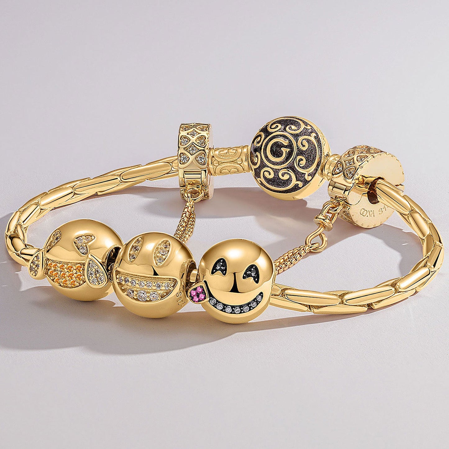 Sterling Silver Humorous Emojis Charms Bracelet Set With Enamel In 14K Gold Plated