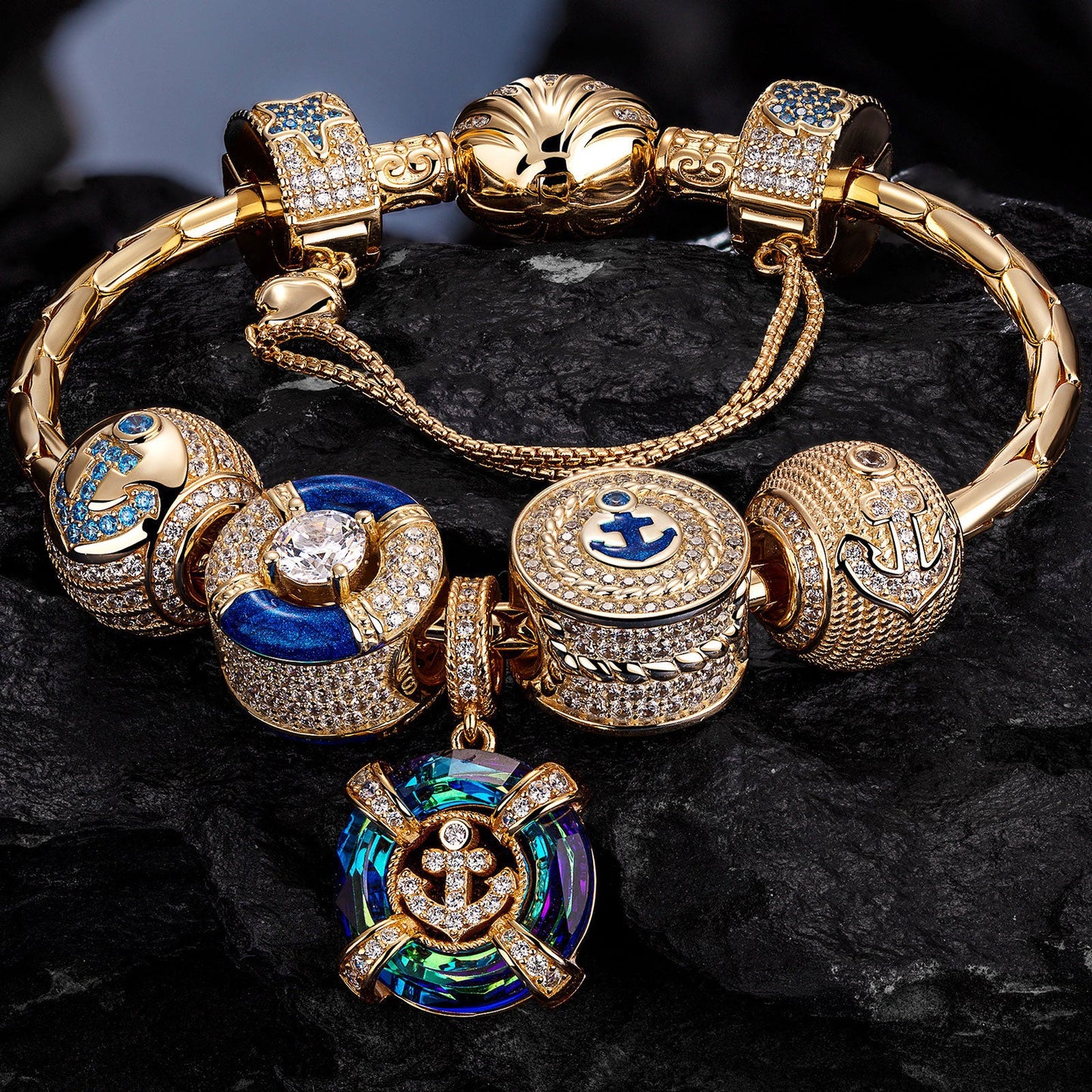 Sterling Silver Brilliant Anchor Charms Bracelet Set With Enamel In 14K Gold Plated
