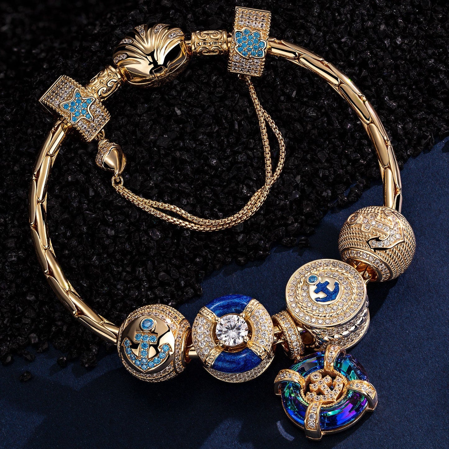 Sterling Silver Brilliant Anchor Charms Bracelet Set With Enamel In 14K Gold Plated