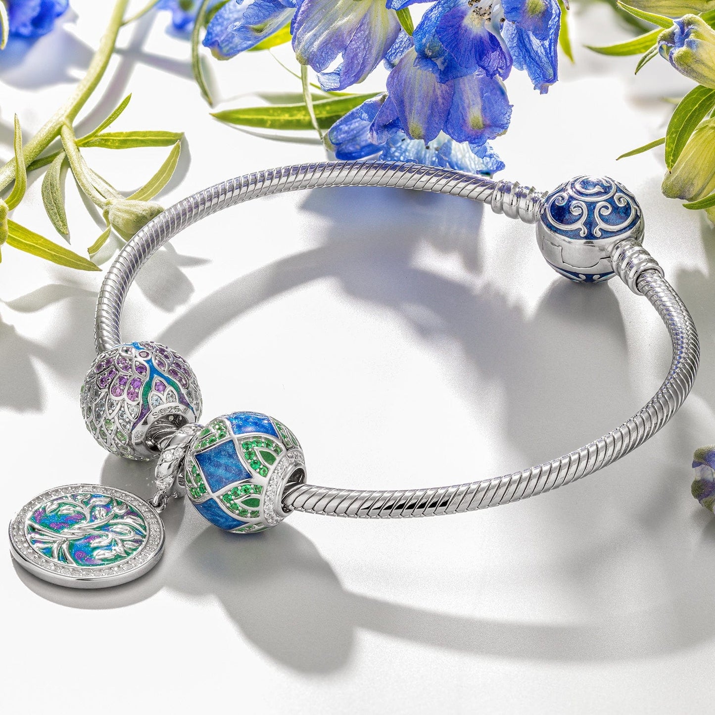 Sterling Silver Tree of Rebirth Charms Bracelet Set With Enamel In White Gold Plated