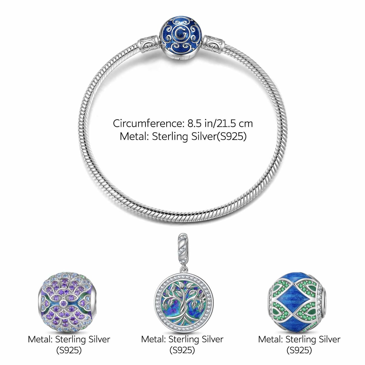 Sterling Silver Tree of Rebirth Charms Bracelet Set With Enamel In White Gold Plated