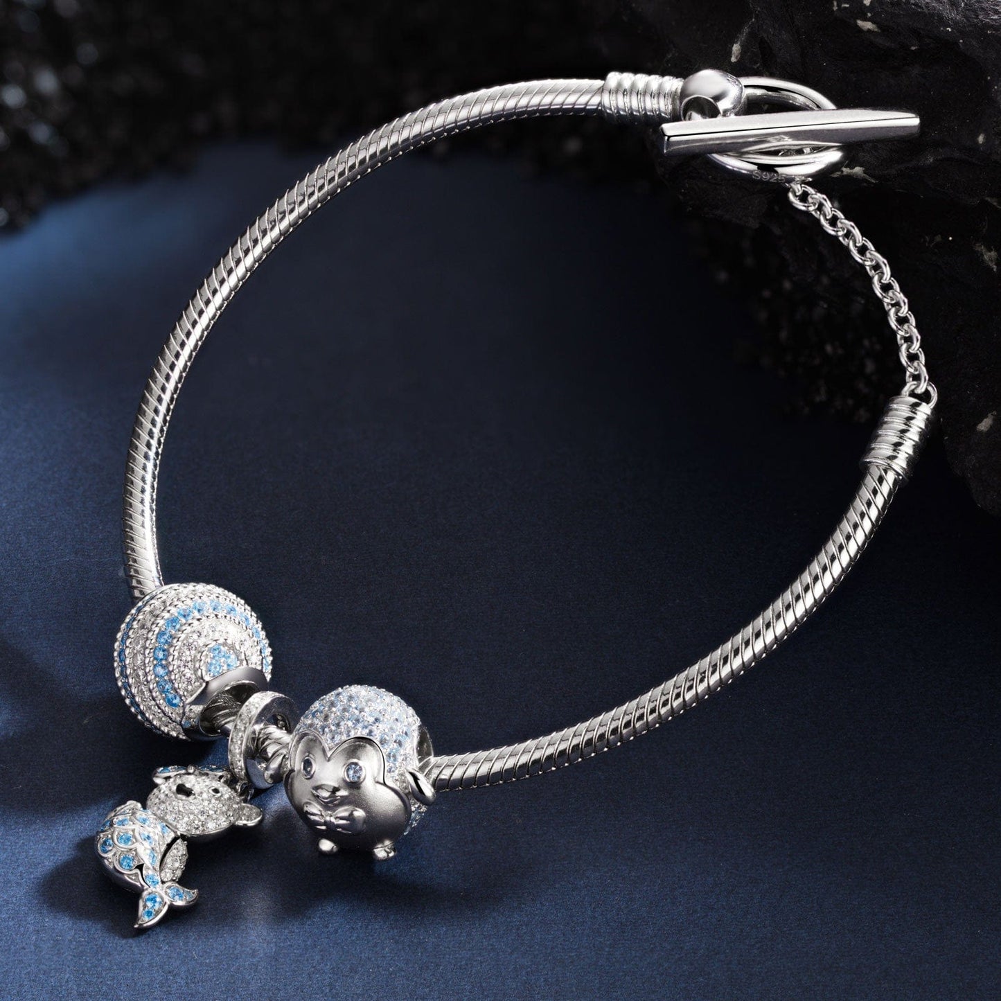 Sterling Silver Mermaid Bear Penguin Charms Bracelet Set In White Gold Plated