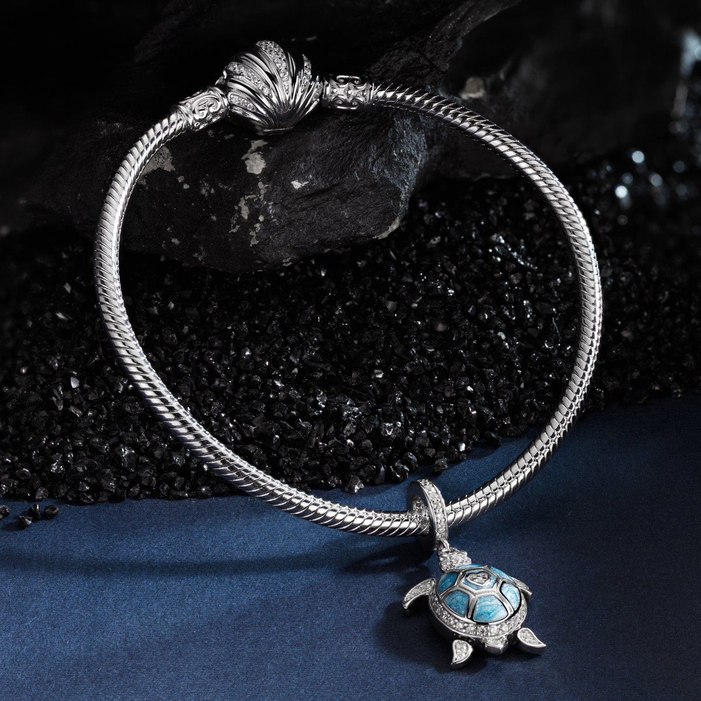 Sterling Silver Roaming Turtles Charms Bracelet Set With Enamel In White Gold Plated