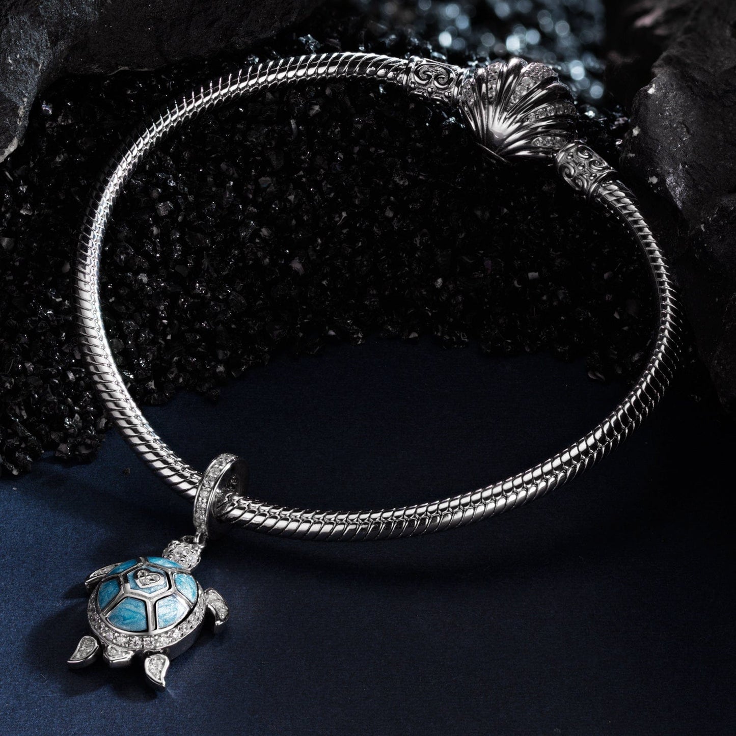 Sterling Silver Roaming Turtles Charms Bracelet Set With Enamel In White Gold Plated