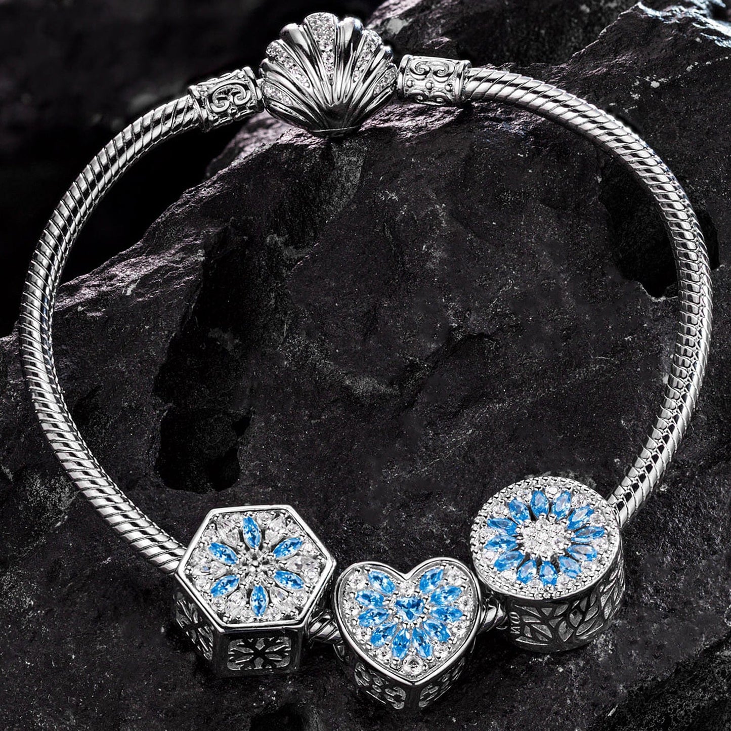 Sterling Silver Blue Ice Crystals Charms Bracelet Set In White Gold Plated