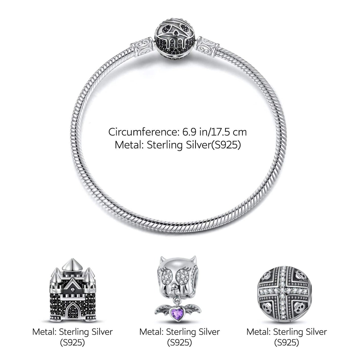 Sterling Silver Elf Castle Charms Bracelet Set With Enamel In White Gold Plated