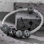 Sterling Silver Skulls and Berserker XL Size Charms Bracelet Set With Enamel In White Gold Plated For Men