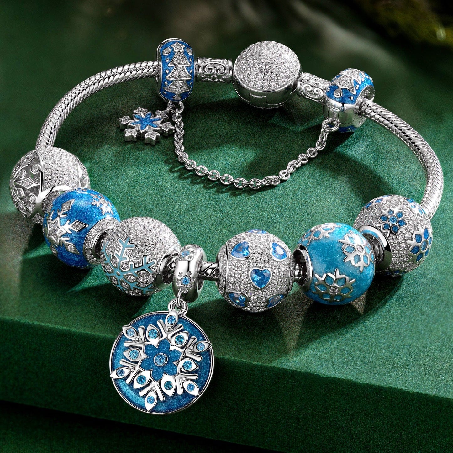 Sterling Silver Snowflake Symphony Charms Bracelet Set With Enamel In White Gold Plated